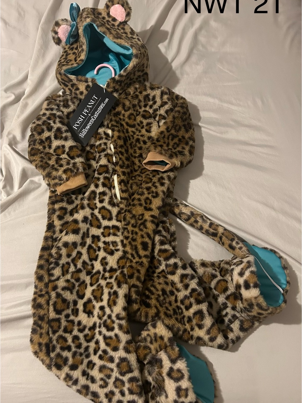 Posh Peanut Leopard Print One-Piece with Teal Lining and Hood